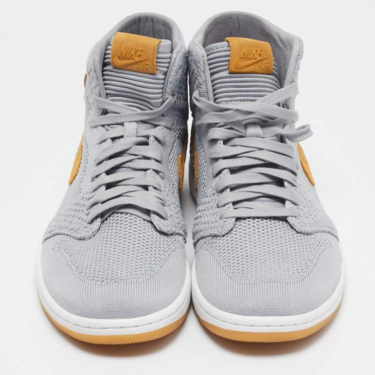 Pre Owned Air Jordans Grey Knit Fabric Jordan 1 Retro High Flyknit Wolf Grey Sneakers Size 43