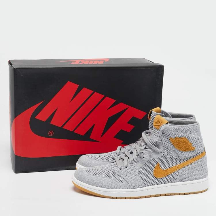 Pre Owned Air Jordans Grey Knit Fabric Jordan 1 Retro High Flyknit Wolf Grey Sneakers Size 43