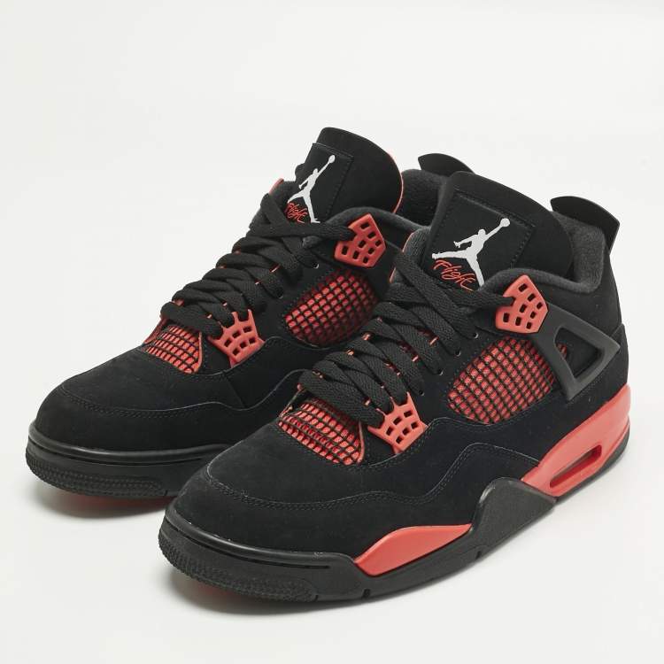Pre Owned Air Jordans Black Durabuck Leather Jordan 4 Retro Red Thunder Sneakers Size 45.5
