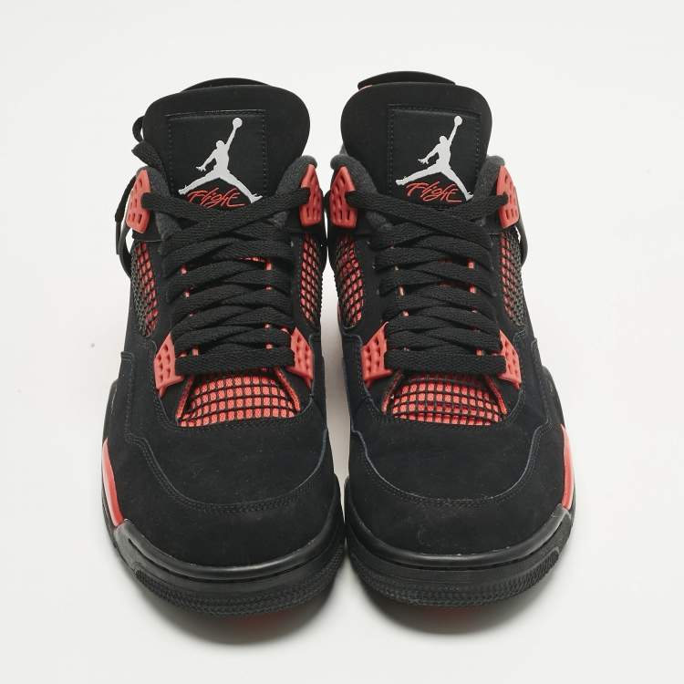 Pre Owned Air Jordans Black Durabuck Leather Jordan 4 Retro Red Thunder Sneakers Size 45.5