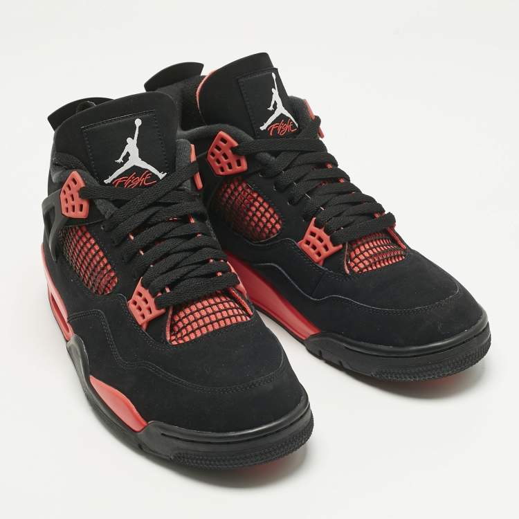 Pre Owned Air Jordans Black Durabuck Leather Jordan 4 Retro Red Thunder Sneakers Size 45.5