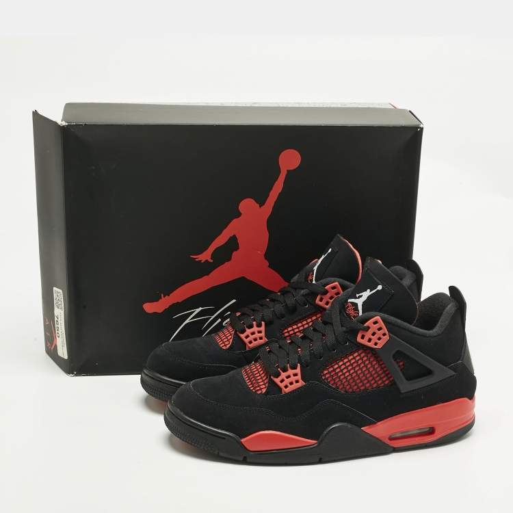 Pre Owned Air Jordans Black Durabuck Leather Jordan 4 Retro Red Thunder Sneakers Size 45.5
