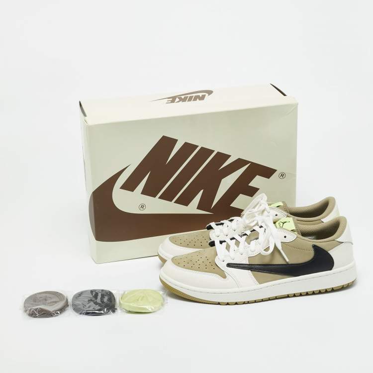 Pre Owned Air Jordans Multicolor Nubuck and Leather Jordan 1 Retro Low Golf Travis Scott Neutral Olive Sneakers Size 44.5