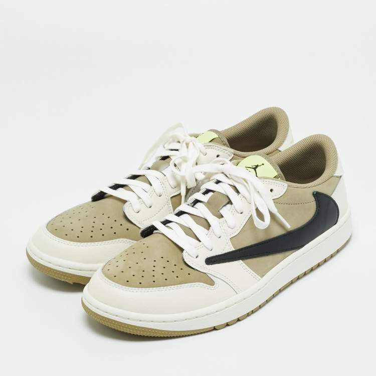 Pre Owned Air Jordans Multicolor Nubuck and Leather Jordan 1 Retro Low Golf Travis Scott Neutral Olive Sneakers Size 44.5