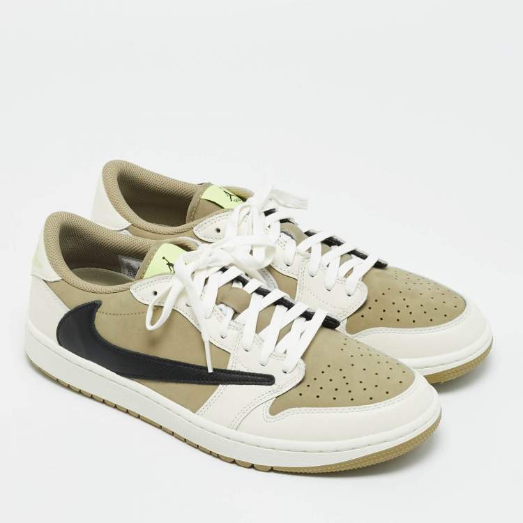Pre Owned Air Jordans Multicolor Nubuck and Leather Jordan 1 Retro Low Golf Travis Scott Neutral Olive Sneakers Size 44.5