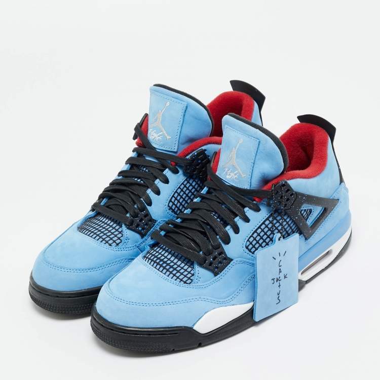 Pre Owned Air Jordans Blue Nubuck Leather Jordan 4 Retro Travis Scott Cactus Jack Sneakers Size 44.5
