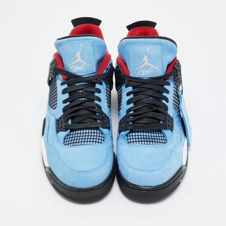 Pre Owned Air Jordans Blue Nubuck Leather Jordan 4 Retro Travis Scott Cactus Jack Sneakers Size 44.5