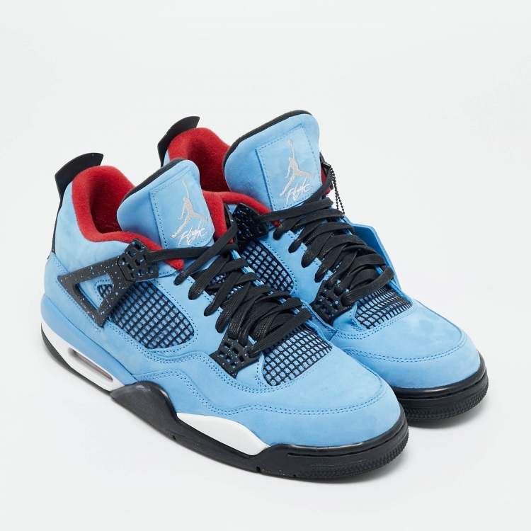 Pre Owned Air Jordans Blue Nubuck Leather Jordan 4 Retro Travis Scott Cactus Jack Sneakers Size 44.5