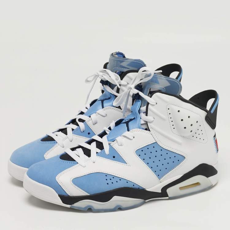 مملوكة مسبقًا Air Jordans Jordan 6 UNC Size 47.5 White/Blue Leather and Suede High Top Sneakers
