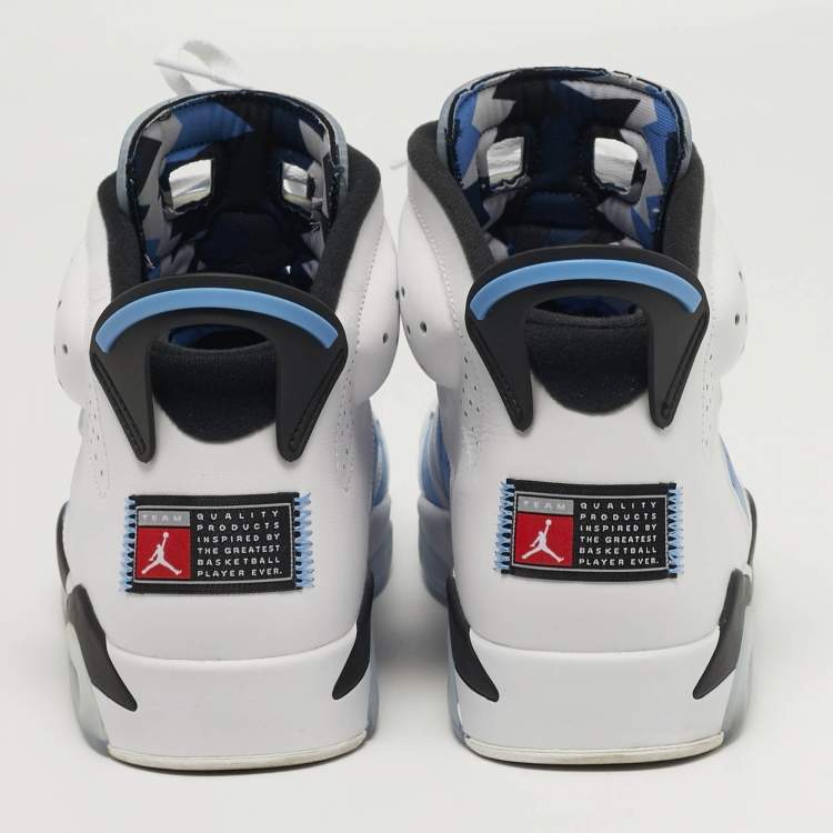 مملوكة مسبقًا Air Jordans Jordan 6 UNC Size 47.5 White/Blue Leather and Suede High Top Sneakers