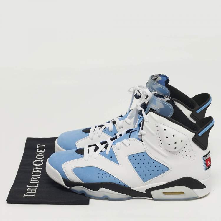 مملوكة مسبقًا Air Jordans Jordan 6 UNC Size 47.5 White/Blue Leather and Suede High Top Sneakers