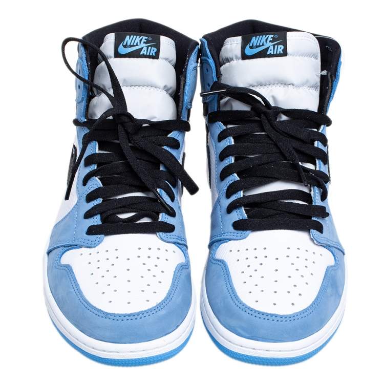 Pre Owned Nike Blue/White Leather Air Jordan 1 Retro University High Top Sneakers Size 45.5