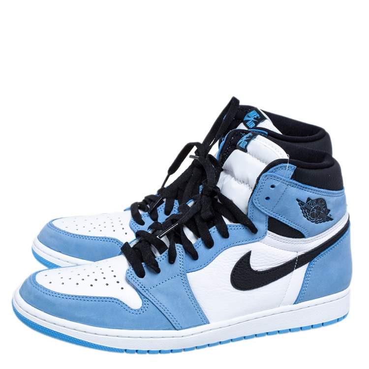 Pre Owned Nike Blue/White Leather Air Jordan 1 Retro University High Top Sneakers Size 45.5
