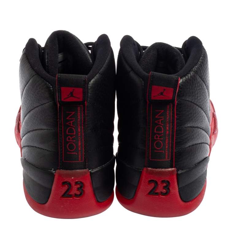Pre Owned Air Jordan Black/Varsity Red Leather Flu Game Jordan 12 Retro Sneakers Size 42.5