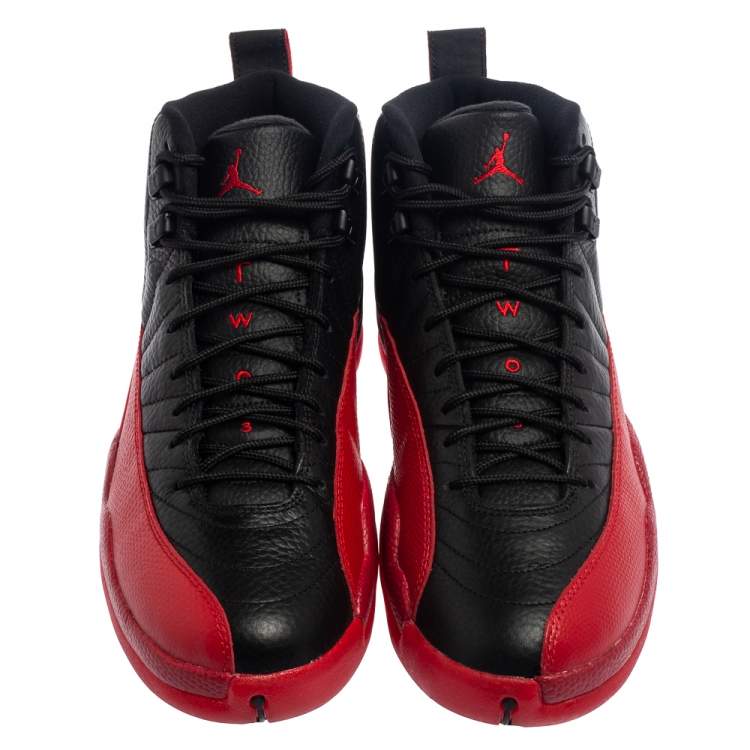 Pre Owned Air Jordan Black/Varsity Red Leather Flu Game Jordan 12 Retro Sneakers Size 42.5