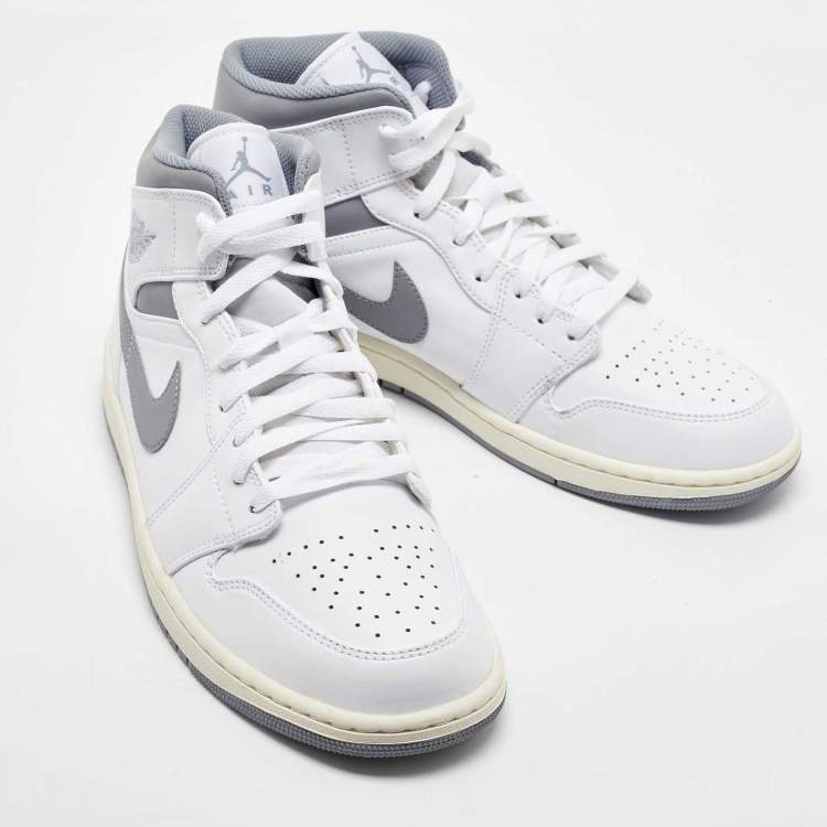 Pre Owned Air Jordans White/Grey Leather Jordan 1Mid Neutral Grey Sneakers Size 45 