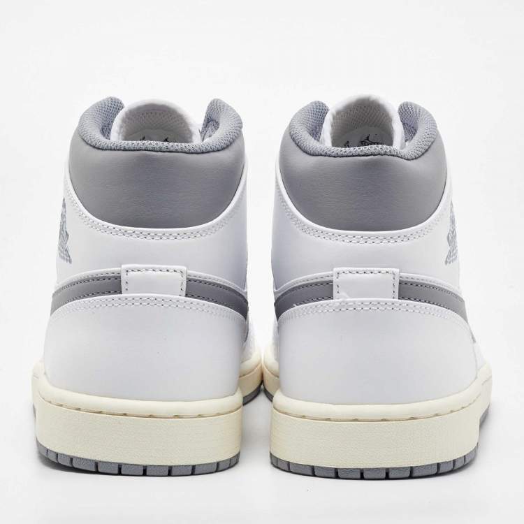 Pre Owned Air Jordans White/Grey Leather Jordan 1Mid Neutral Grey Sneakers Size 45 