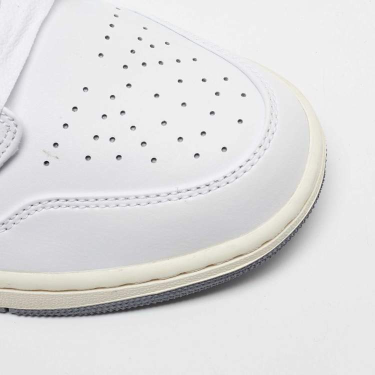 Pre Owned Air Jordans White/Grey Leather Jordan 1Mid Neutral Grey Sneakers Size 45 