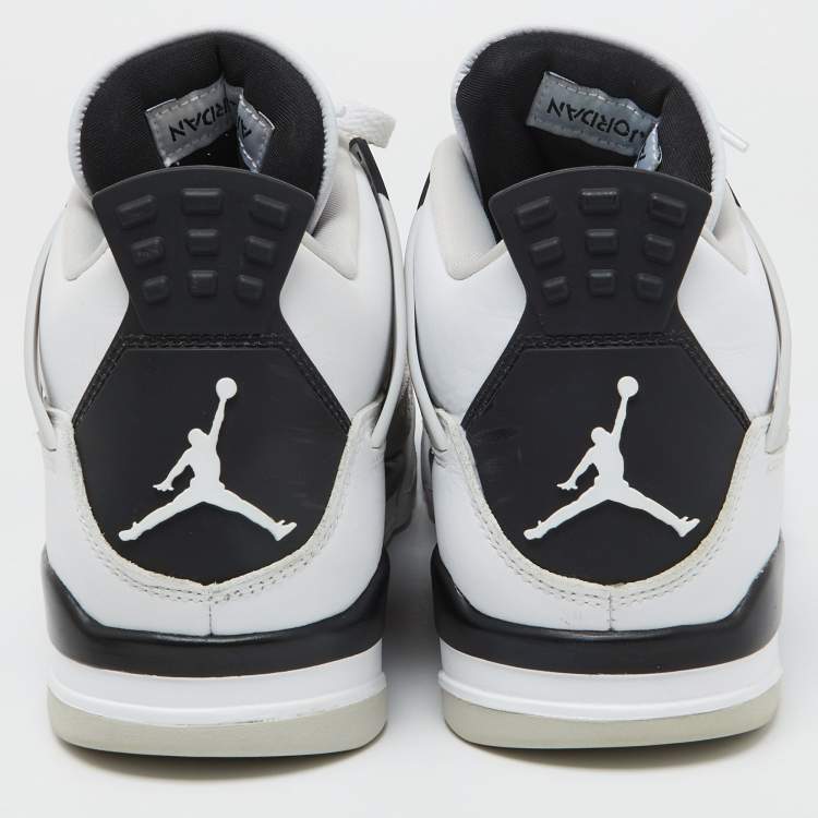 Pre Owned Air Jordans White/Black Leather Jordan 4 Retro Military Black Sneakers Size 42.5