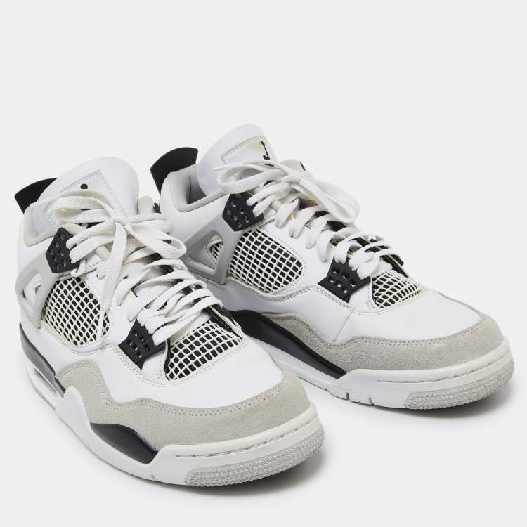 Pre Owned Air Jordans White/Black Leather Jordan 4 Retro Military Black Sneakers Size 42.5