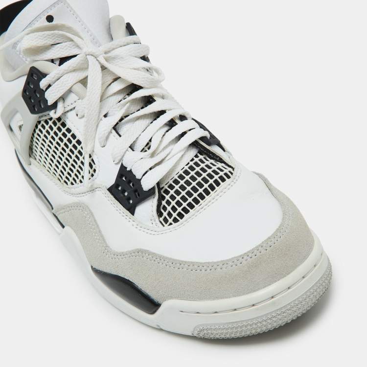 Pre Owned Air Jordans White/Black Leather Jordan 4 Retro Military Black Sneakers Size 42.5