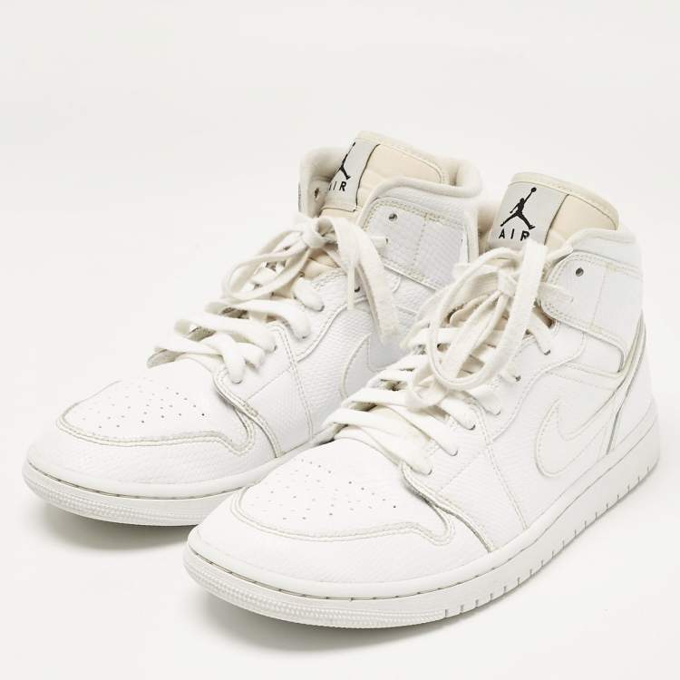 Pre Owned Air Jordans White Snakeskin Embossed Leather Jordan 1 Mid Sneakers Size 42