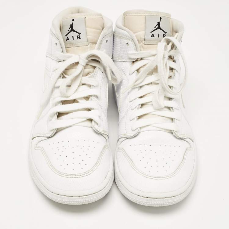 Pre Owned Air Jordans White Snakeskin Embossed Leather Jordan 1 Mid Sneakers Size 42