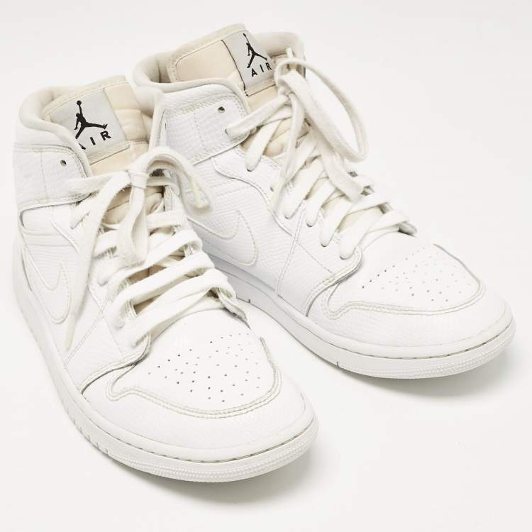 Pre Owned Air Jordans White Snakeskin Embossed Leather Jordan 1 Mid Sneakers Size 42