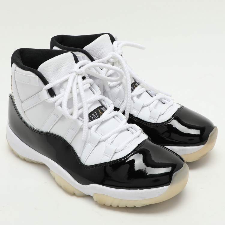 Pre Owned Air Jordans Black/White Patent Leather and Synthetic Leather Jordan 11 High Top Sneakers Size 43