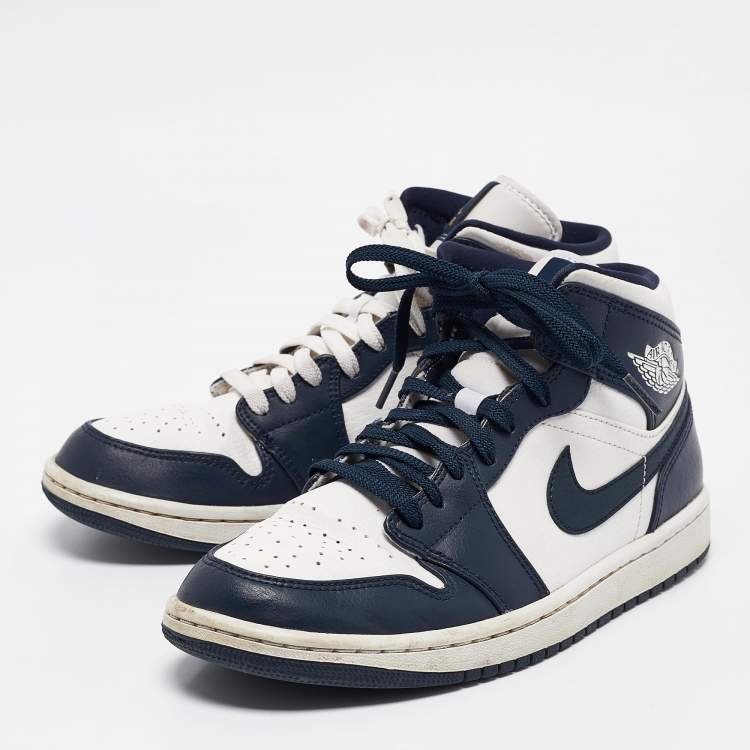 Air Jordans Blue White Leather Jordan 1 Mid Obsidian Sneakers Size 41 Air Jordans TLC