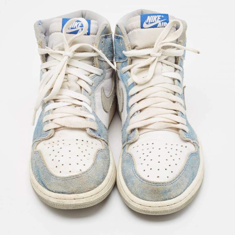 Pre Owned Air Jordans Blue/White Leather and Suede Air Jordan 1 High Top Sneakers Size 43