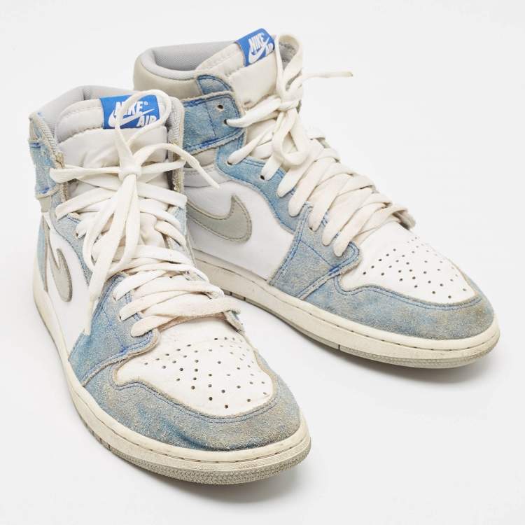 Pre Owned Air Jordans Blue/White Leather and Suede Air Jordan 1 High Top Sneakers Size 43