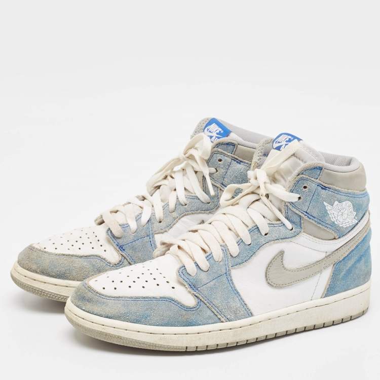 Pre Owned Air Jordans Blue/White Leather and Suede Air Jordan 1 High Top Sneakers Size 43