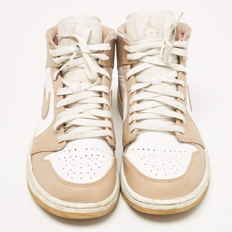 Pre Owned Air Jordans Tan/White Leather Jordan 1 Mid Tan Gum Sneakers Size 42.5