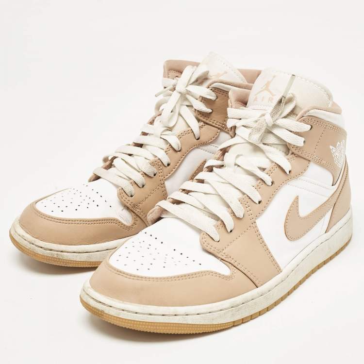 Pre Owned Air Jordans Tan/White Leather Jordan 1 Mid Tan Gum Sneakers Size 42.5