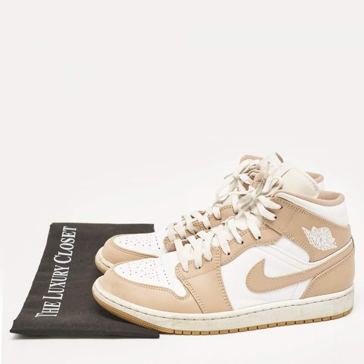 Pre Owned Air Jordans Tan/White Leather Jordan 1 Mid Tan Gum Sneakers Size 42.5