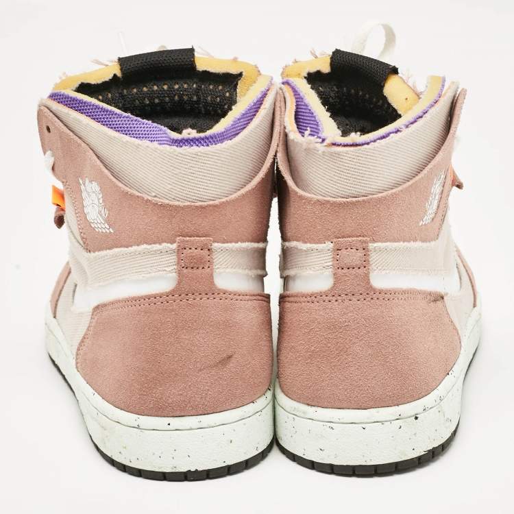 Pre Owned Air Jordans Beige/White Leather and Canvas Jordan 1 Mid Tan Gum Sneakers Size 45.5