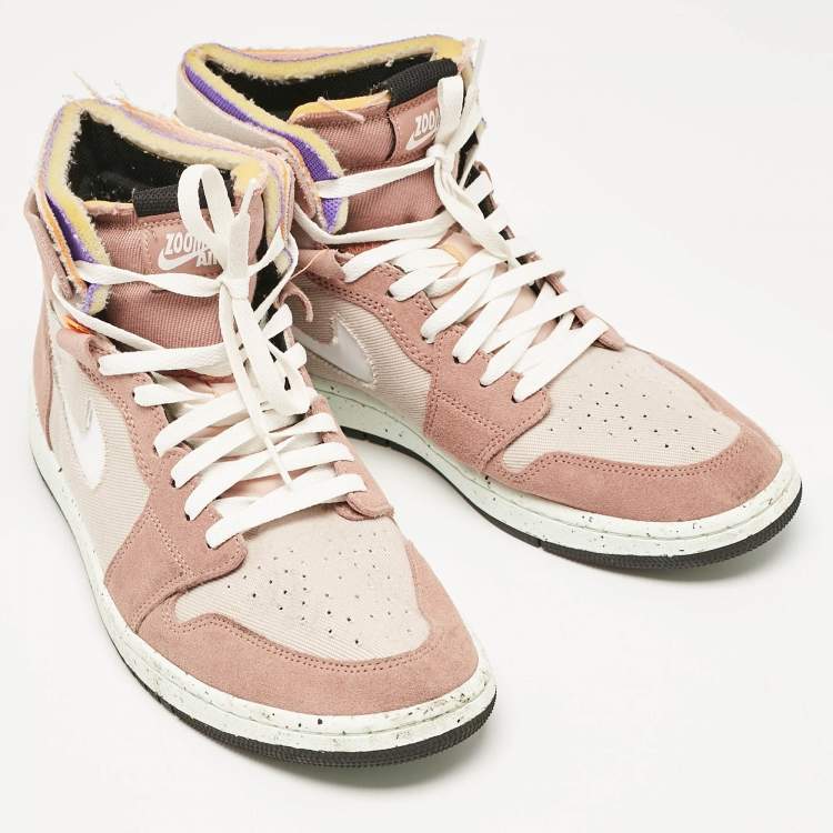 Pre Owned Air Jordans Beige/White Leather and Canvas Jordan 1 Mid Tan Gum Sneakers Size 45.5