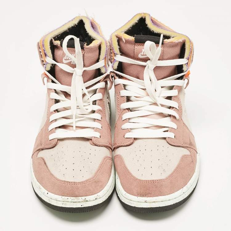 Pre Owned Air Jordans Beige/White Leather and Canvas Jordan 1 Mid Tan Gum Sneakers Size 45.5