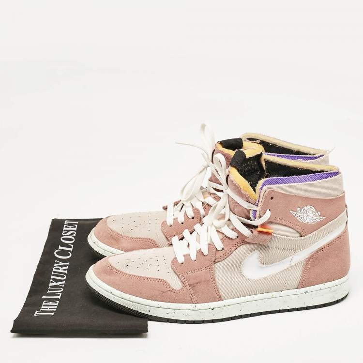 Pre Owned Air Jordans Beige/White Leather and Canvas Jordan 1 Mid Tan Gum Sneakers Size 45.5