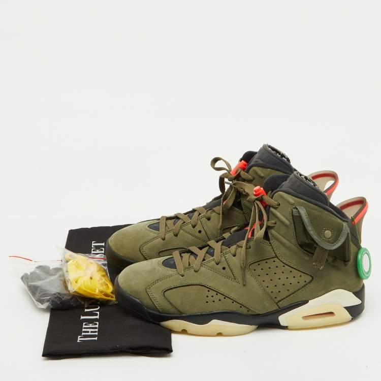 مملوكة مسبقًا Air Jordans Olive Green Nubuck Leather 6 Retro Travis Scott Cactus Jack Sneakers Size 45