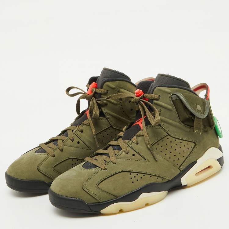 مملوكة مسبقًا Air Jordans Olive Green Nubuck Leather 6 Retro Travis Scott Cactus Jack Sneakers Size 45