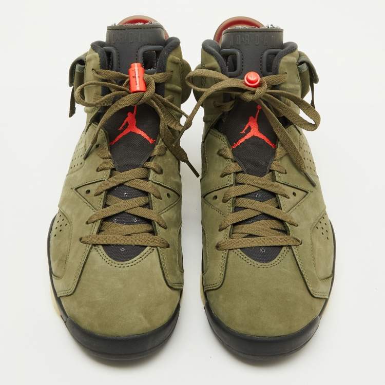 مملوكة مسبقًا Air Jordans Olive Green Nubuck Leather 6 Retro Travis Scott Cactus Jack Sneakers Size 45