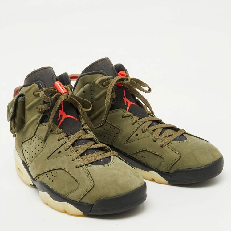 مملوكة مسبقًا Air Jordans Olive Green Nubuck Leather 6 Retro Travis Scott Cactus Jack Sneakers Size 45