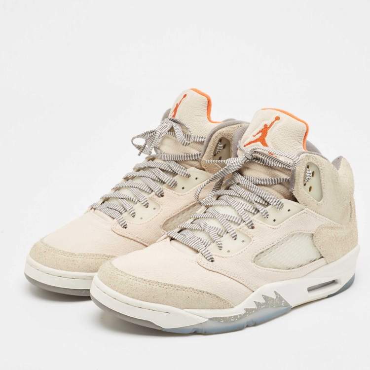 Pre Owned Air Jordans Cream Nubuck Leather and Suede Jordan 5 High Top Sneakers Size 44