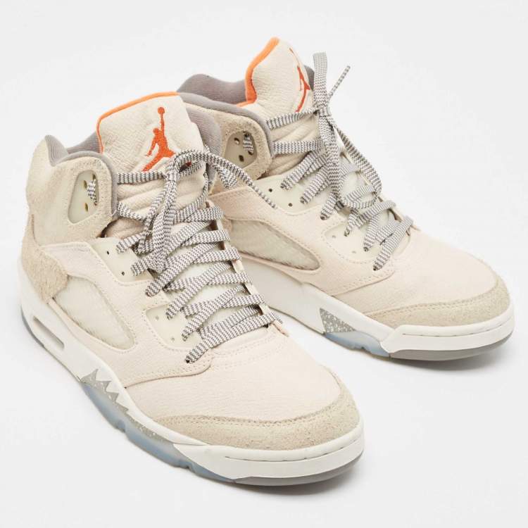 Pre Owned Air Jordans Cream Nubuck Leather and Suede Jordan 5 High Top Sneakers Size 44