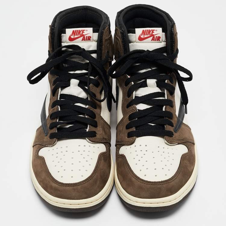 Pre Owned Air Jordans White/Brown Leather and Suede Jordan 1 Retro High OG SP Travis Scott Mocha Sneakers Size 44.5