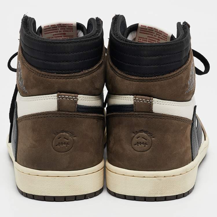 Pre Owned Air Jordans White/Brown Leather and Suede Jordan 1 Retro High OG SP Travis Scott Mocha Sneakers Size 44.5