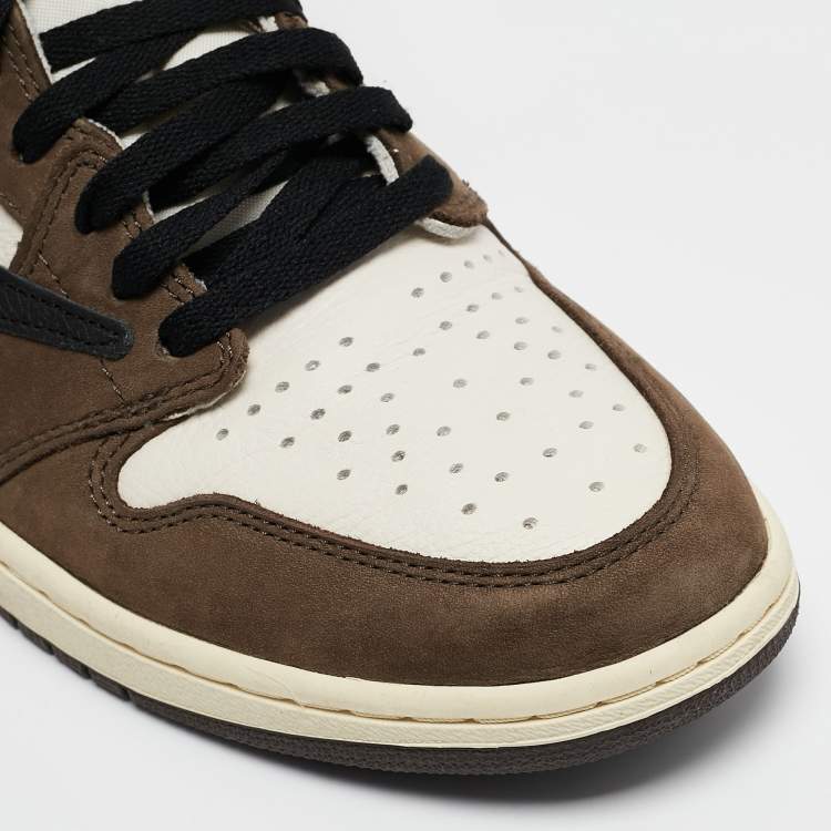 Pre Owned Air Jordans White/Brown Leather and Suede Jordan 1 Retro High OG SP Travis Scott Mocha Sneakers Size 44.5