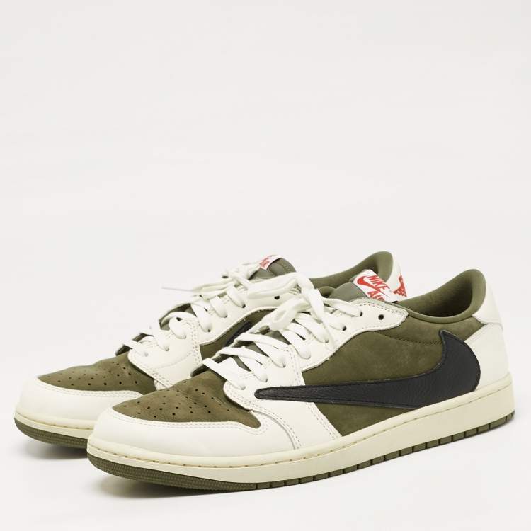 Pre Owned Air Jordans Multicolor Nubuck and Leather Jordan 1 Retro Low OG SP Travis Scott Medium Olive Sneakers Size 46